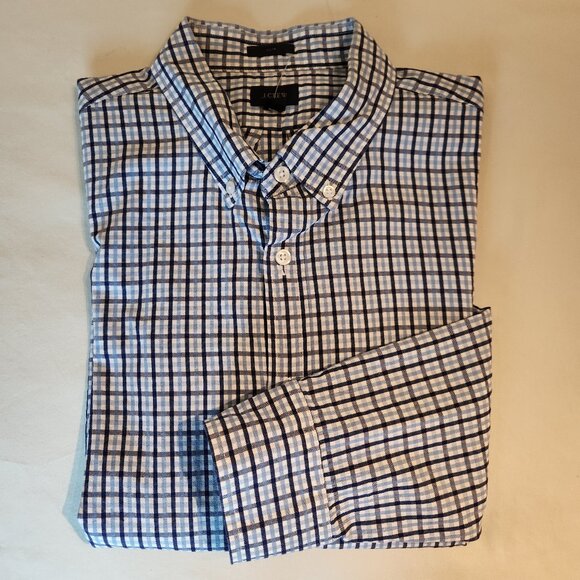 Men's J. Crew Blue White Check Slim Fit Casual Button Down Shirt size L - Picture 1 of 3